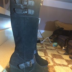 Boots: Knee High Black Suede with wedge heel